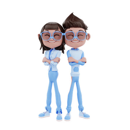 Cute Business Couple Standing With Crossed Arms  3D Illustration