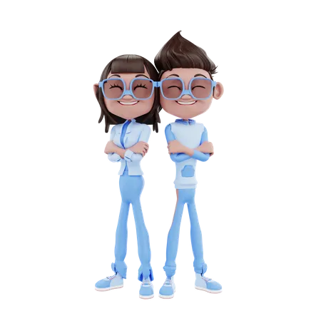 Cute Business Couple Standing With Crossed Arms 3D Illustration