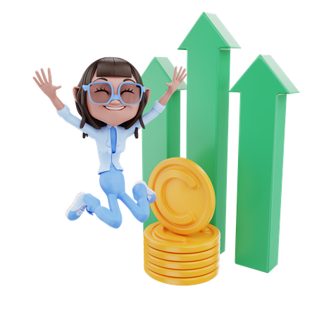 Cute Businesswoman Jumping With Profit  3D Icon