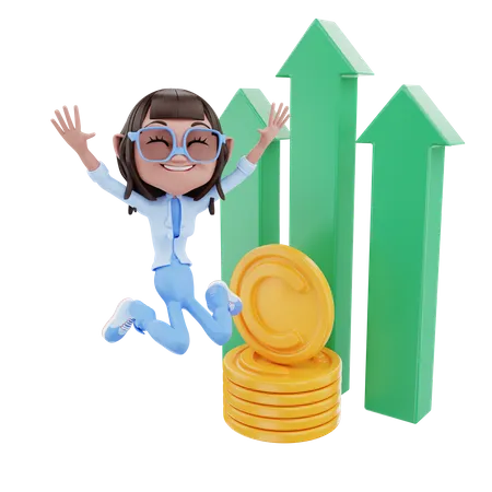 Cute Businesswoman Jumping With Profit  3D Illustration