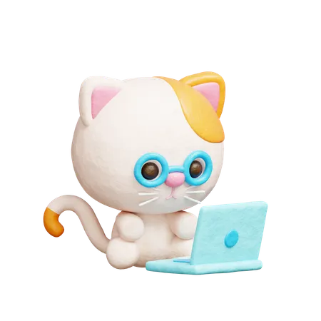 Cute cat working on laptop  3D Icon