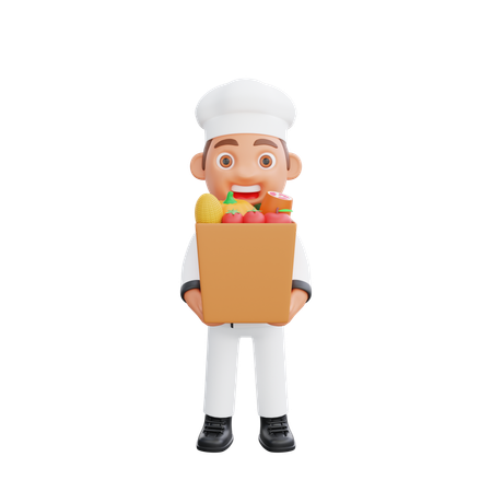 Cute Chef holding Grocery Bag  3D Illustration
