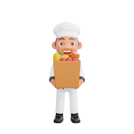 Cute Chef holding Grocery Bag  3D Icon