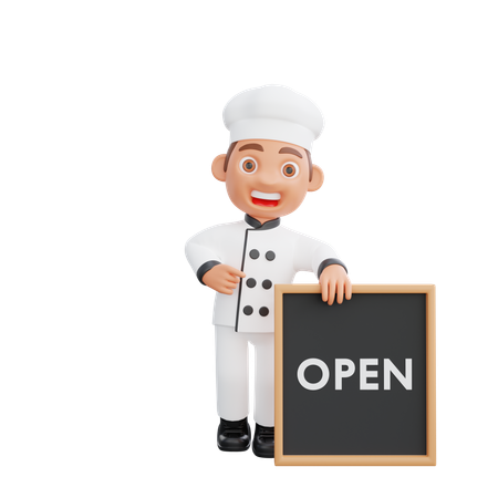Cute Chef Standing Near Open Board  3D Illustration