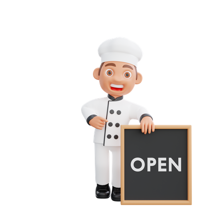 Cute Chef Standing Near Open Board  3D Icon