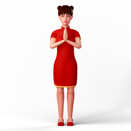 Cute Chinese girl folds her hand as a welcoming pose  3D Illustration