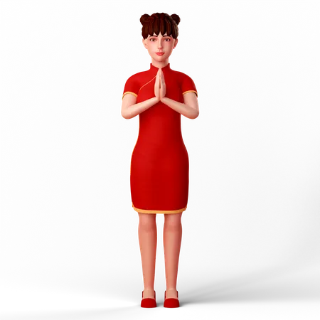 Cute Chinese girl folds her hand as a welcoming pose  3D Illustration