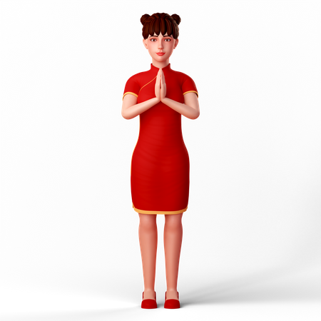 Cute Chinese girl folds her hand as a welcoming pose 3D Illustration