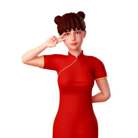 Cute Chinese  girl posing with peace right hand gesture and put near in her eye  3D Illustration