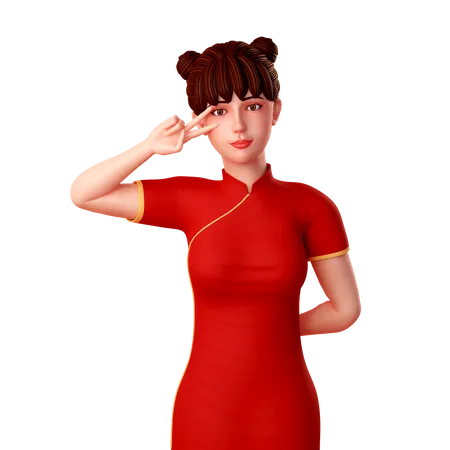 Cute Chinese  girl posing with peace right hand gesture and put near in her eye 3D Illustration