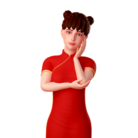 Cute Chinese girl puts her hands on her face and do a elegant pose 3D Illustration