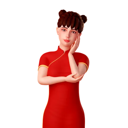 Cute Chinese girl puts her hands on her face and do a elegant pose 3D Illustration
