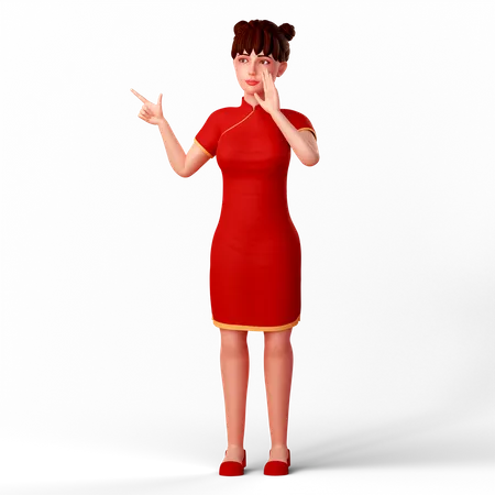 Cute Chinese lady pointing with her right hand and left hand is placed near mouth  3D Illustration