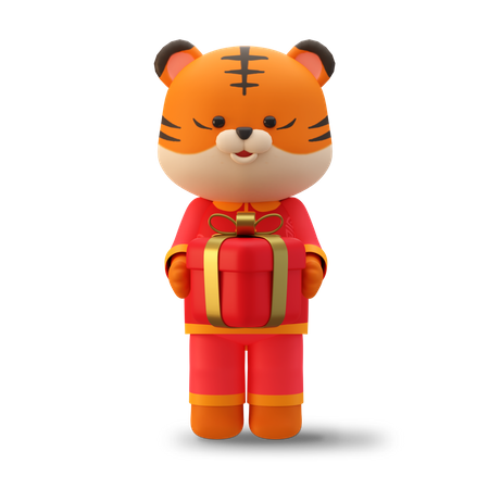 Cute Chinese tiger holding red gift box  3D Illustration