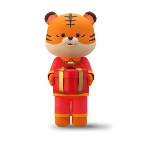 Cute Chinese tiger holding red gift box  3D Illustration