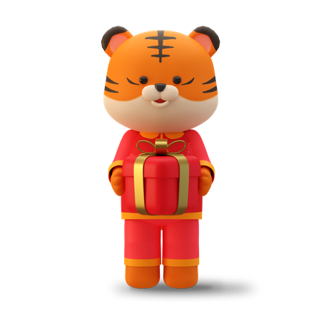 Cute Chinese tiger holding red gift box 3D Illustration