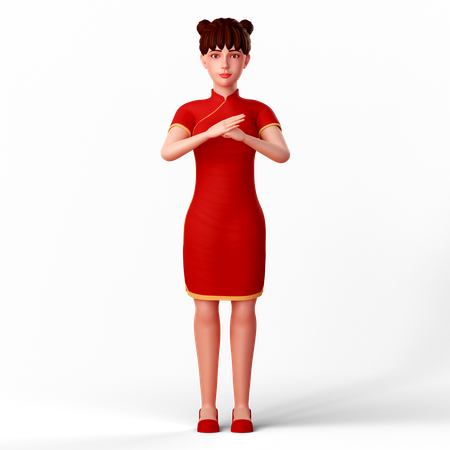 Cute Chinese Woman does a Chinese salute hand gesture 3D Illustration