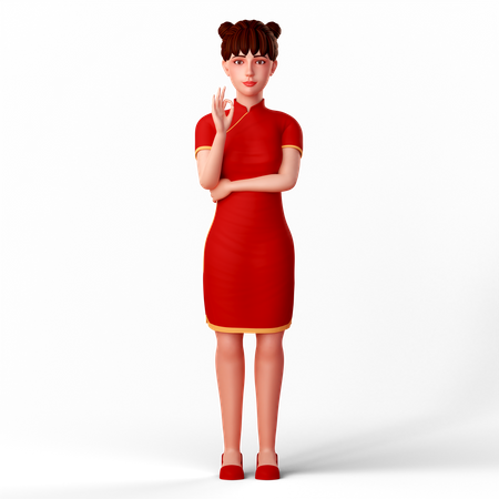Cute Chinese Woman does OK hand gesture  3D Illustration
