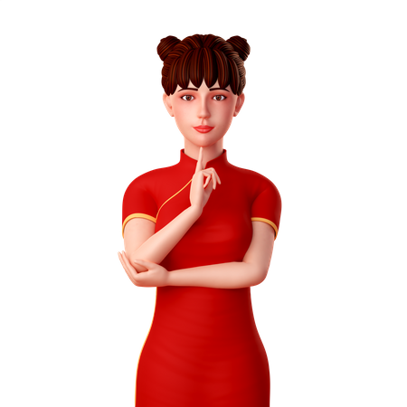 Cute Chinese Woman, the girl was thinking and her put index finger in chin  3D Illustration