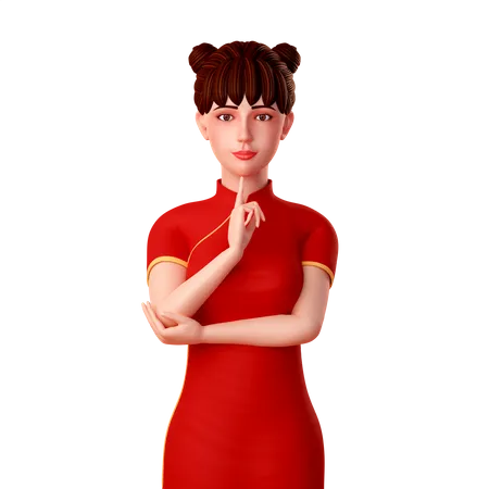 Cute Chinese Woman, the girl was thinking and her put index finger in chin 3D Illustration