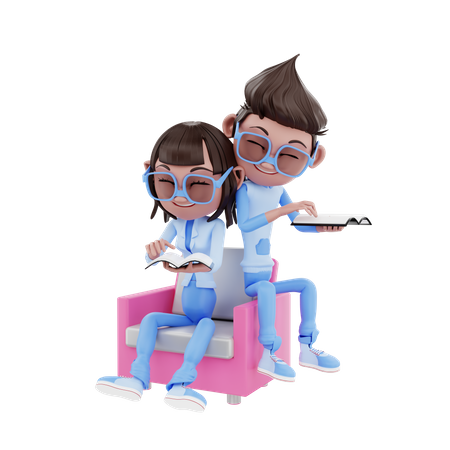 Cute Couple Reading A Book  3D Illustration