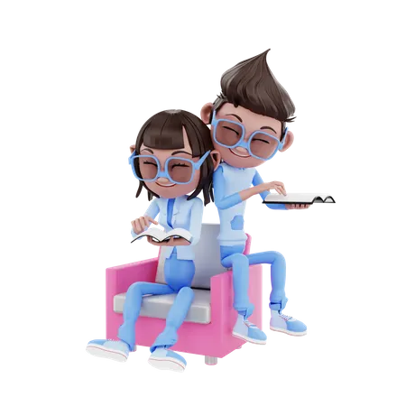 Cute Couple Reading A Book  3D Illustration