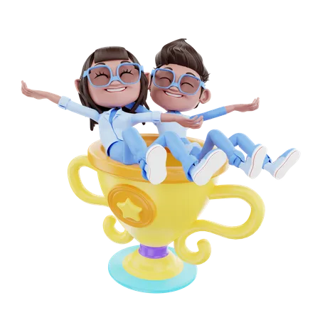 Cute Couple With Trophy  3D Illustration