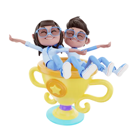Cute Couple With Trophy 3D Illustration