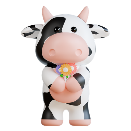 Cute Cow Bring Flower  3D Illustration