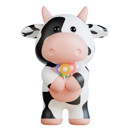 Cute Cow Bring Flower  3D Illustration