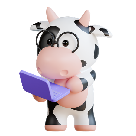 Cute Cow Bring Laptop  3D Illustration