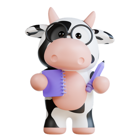 Cute Cow Bring Note and Pencil  3D Illustration