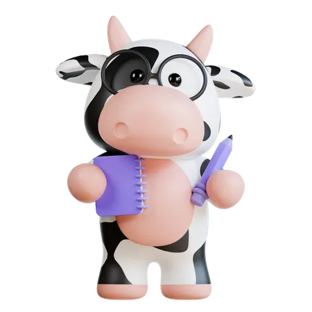 Cute Cow Bring Note and Pencil  3D Illustration