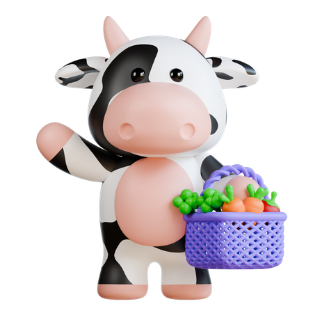 Cute Cow carrying Vegetables basket  3D Illustration