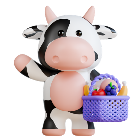 Cute Cow holding Fruits basket  3D Illustration