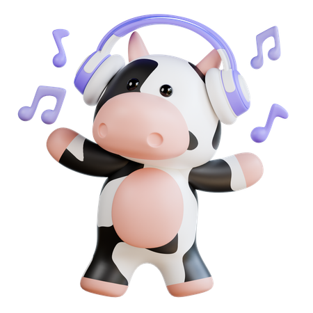 Cute Cow listening music using Headphone  3D Illustration