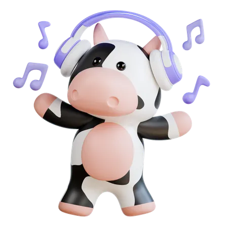 Cute Cow listening music using Headphone  3D Illustration