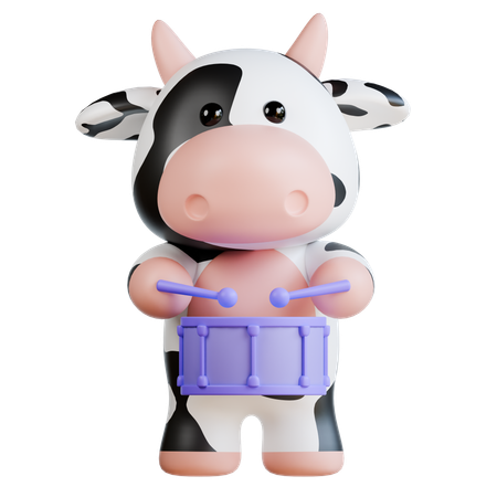 Cute Cow Playing Drum  3D Illustration