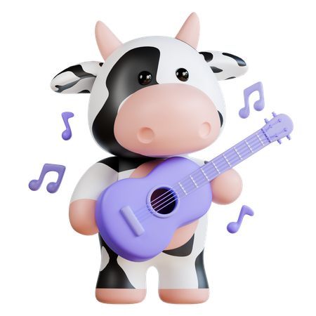 Cute Cow Playing Guitar  3D Illustration