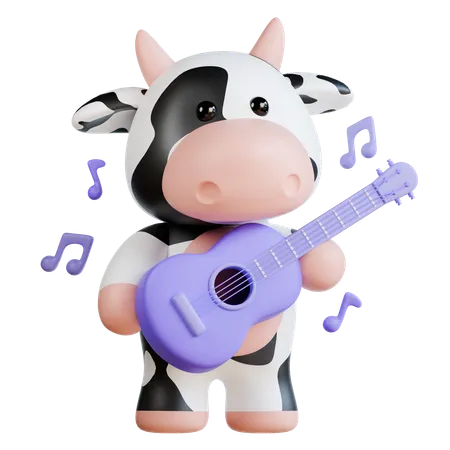 Cute Cow Playing Guitar  3D Illustration