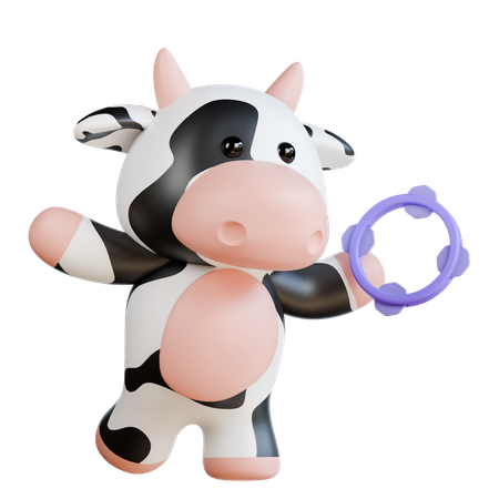 Cute Cow playing Tambourine  3D Illustration