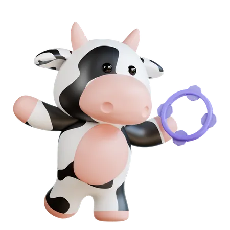 Cute Cow playing Tambourine  3D Illustration