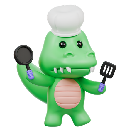 Cute Crocodile cooking in Kitchen  3D Illustration