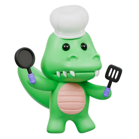 Cute Crocodile cooking in Kitchen  3D Illustration