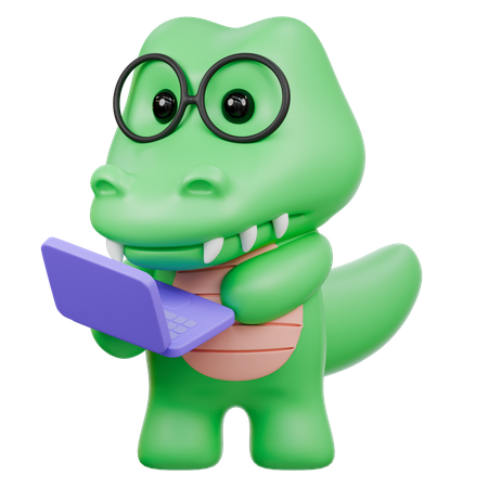 Cute Crocodile in glasses using laptop  3D Illustration