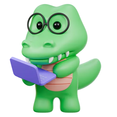 Cute Crocodile in glasses using laptop  3D Illustration