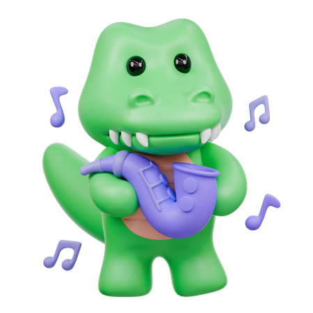 Cute Crocodile Playing Saxophone  3D Illustration