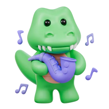 Cute Crocodile Playing Saxophone  3D Illustration