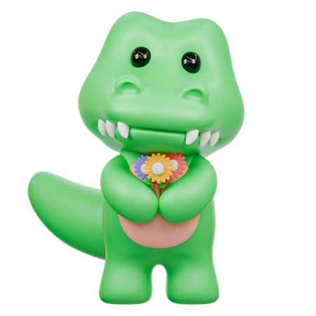 Cute Crocodile with three colorful flowers  3D Icon