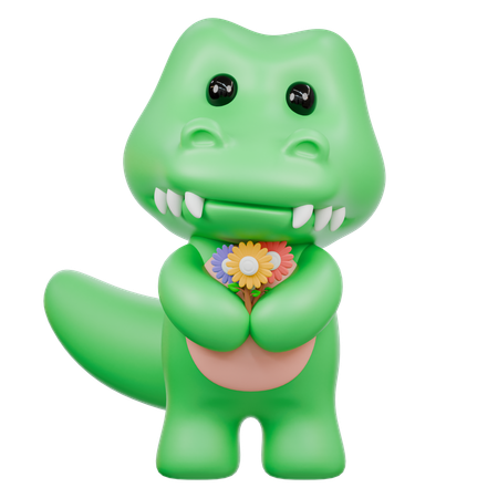 Cute Crocodile with three colorful flowers  3D Illustration